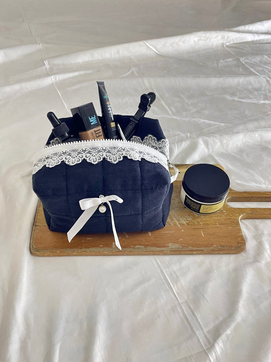 Duchess Black Quilted Beauty Case with Lace & Pearl Bow Amora