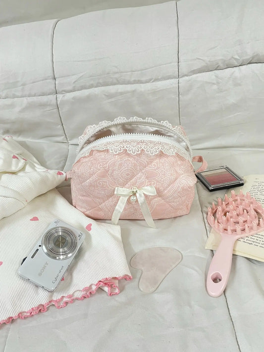Sakura Pink Quilted Makeup Pouch Amora