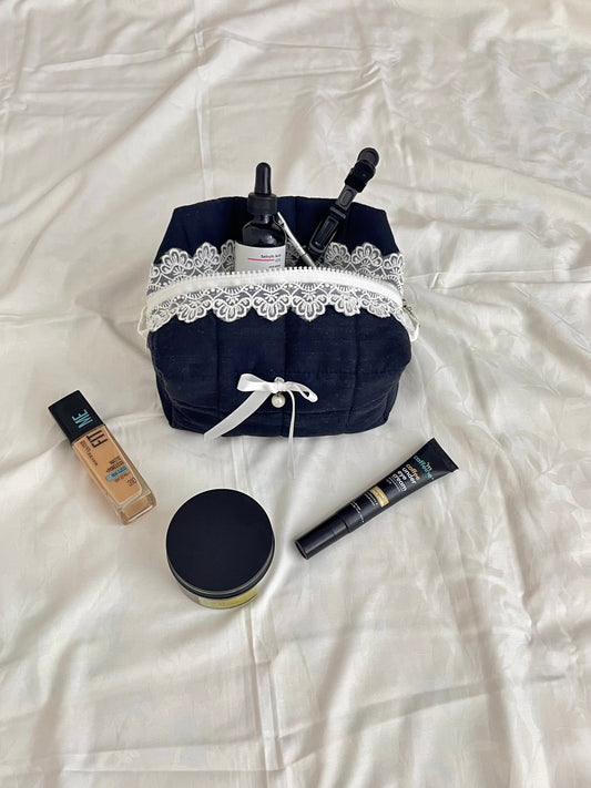 Duchess Black Quilted Beauty Case with Lace & Pearl Bow Amora