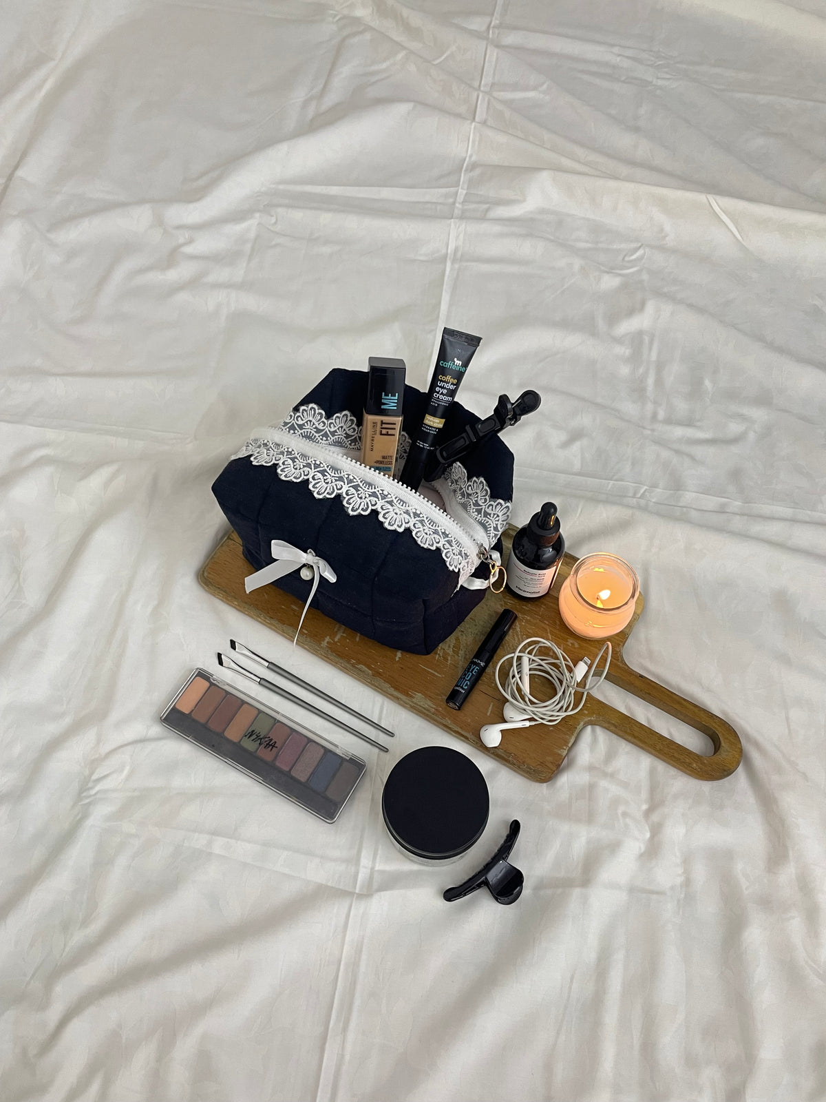 Duchess Black Quilted Beauty Case with Lace & Pearl Bow Amora