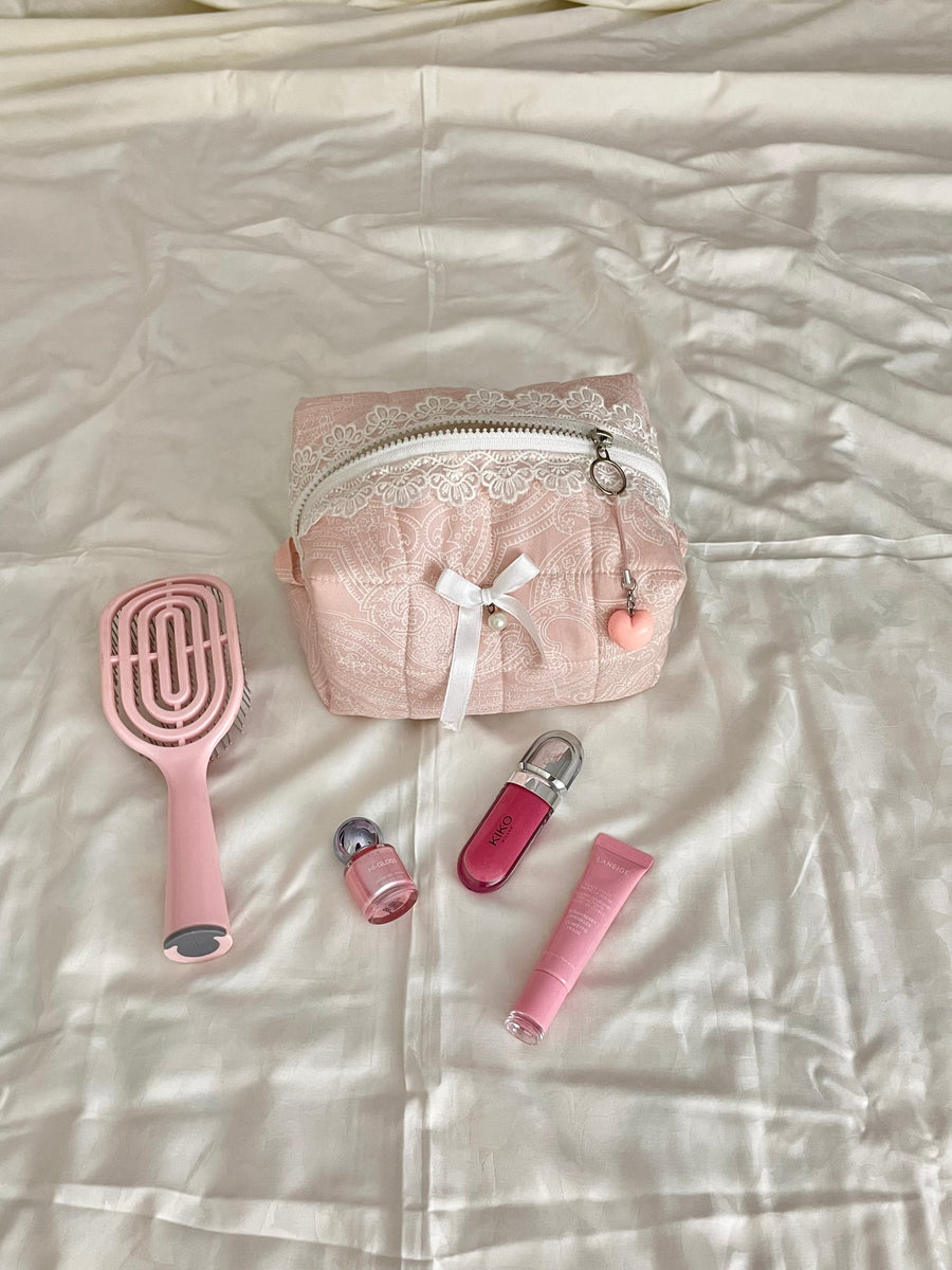 Amora Sakura Pink Quilted Makeup Pouch Amora