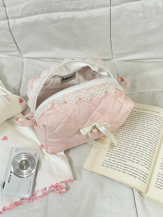 Sakura Pink Quilted Makeup Pouch Amora